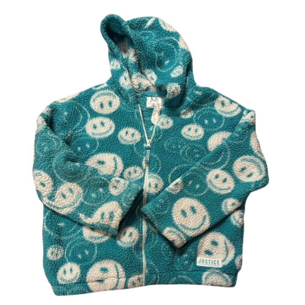 Justice Turquoise Fleece Hoodie with White Smiley Faces